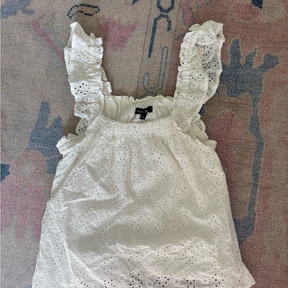White Eyelet Ruffle Strap Top
Size Small
